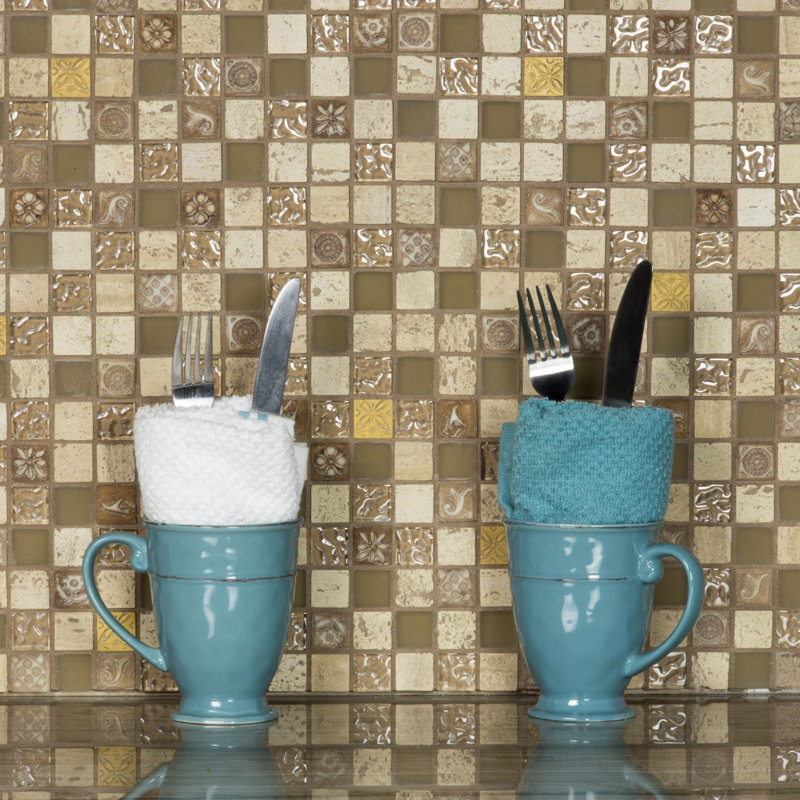 Monarchy 1 in. x 1 in. Glass & Stone Pressed Edge Square Mosaic Decorative Kitchen & Bathroom Wall Tile