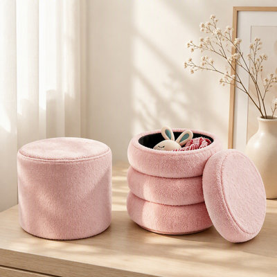 Pouf de rangement rond avec couvercle amovible, repose-pieds en bouclette, ensemble de 2