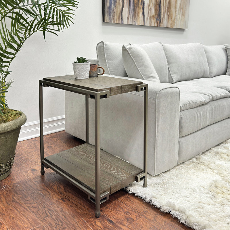 Table de chevet moderne en bois avec structure et tablette en métal, graphite vieilli