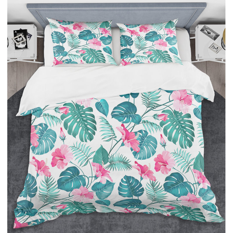 Ensemble de housse de couette en plantes et plantes tropicales mid-century, Housse simple + 1 taie décorative