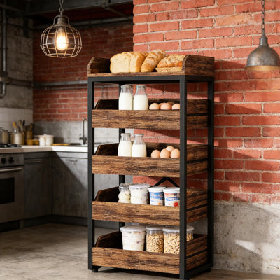 Support de rangement en bois utilisé comme organisateur de collations et support à vin. Cinq tiroirs pour le rangement des fruits et légumes. Panneau de particules en métal. Noir brun rustique. 24,28 po de profondeur, 14,18 de largeur. Rapide