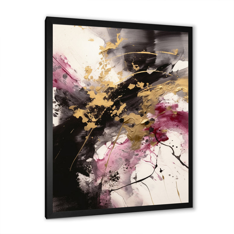 «Gold and Pink Fluid Fusion II», reproduction sur toile, H 32 po x l 24 po x P 1 po, Cadre simple noir