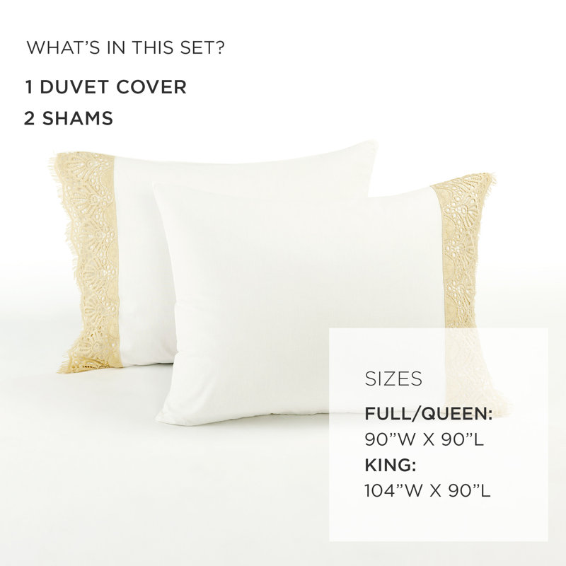 Scalloped Lace Duvet Cover Beige 3Pc Set, King Duvet Cover + 2 King Shams