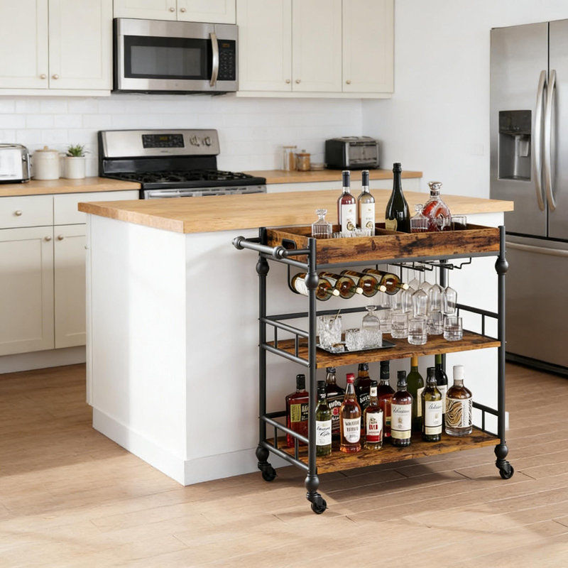 Chariot-bar de service pour la maison avec porte-bouteilles et porte-verres, chariot à boissons sur roulettes, Bois brun