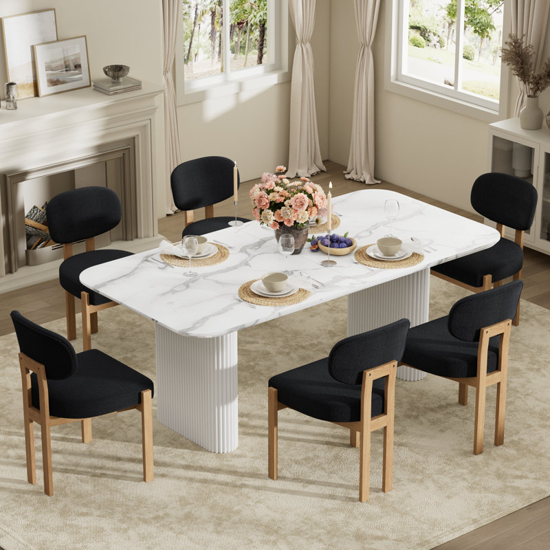 Double Pedestal Dining Table Set, 7 Pieces: Table, 6 Chairs, White, Orange 