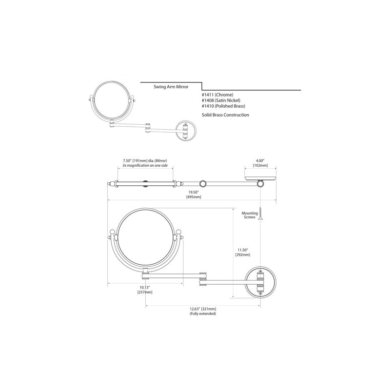Wall and Vanity | Solid Brass Swing Arm, Bathroom Vanity Double-Sided Wall Mirror | 3x Magnification, Arm Fully Extends to 12.63"L. for Make-Up, Shaving