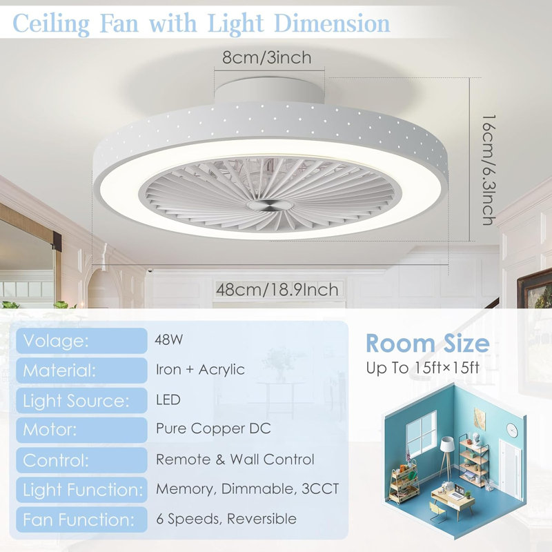 19’’ Ceiling Fan with LED Lights Flush Mount Enclosed 8-Blade Ceiling Fan Light with Remote Control, White