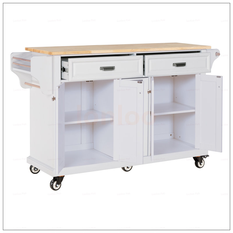 Durable Kitchen Island With Rubberwood Countertop, Spacious Storage, And 5-Wheel Mobility For Enhanced Cooking Convenience