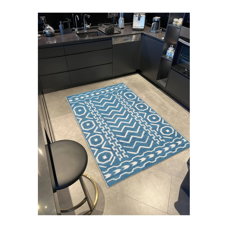 Geometric Blue Themed Woven Base Washable Carpet, Runner 3'4" x 9'11"