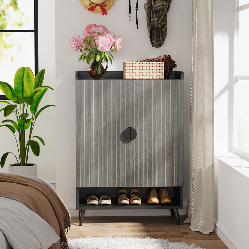Shoe Cabinet with Adjustable Shelves and Doors, Grey/Black