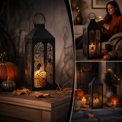 Lanternes décoratives en métal pour Halloween, motif toile d'araignée, avec anneau de suspension, idéales pour décorer une table, un foyer ou un porche, à poser à l'intérieur ou à l'extérieur, pour une fête ou toute autre occasion.