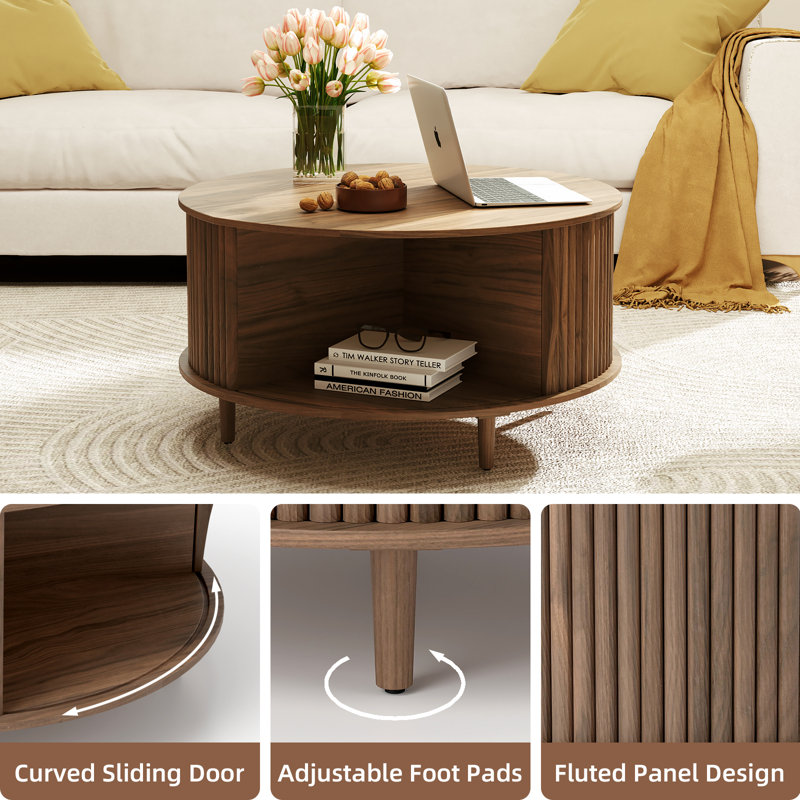 Mid Century Modern Round Coffee Table With Storage, Brown Wood