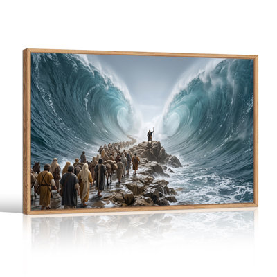 Crowd Walking Through Massive Parted Blue Ocean Waves Canvas Wall Art