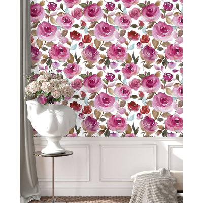 Papier peint adhésif floral rose - Revêtement mural amovible rose pour salle de bain, chambre de bébé, mur décoratif