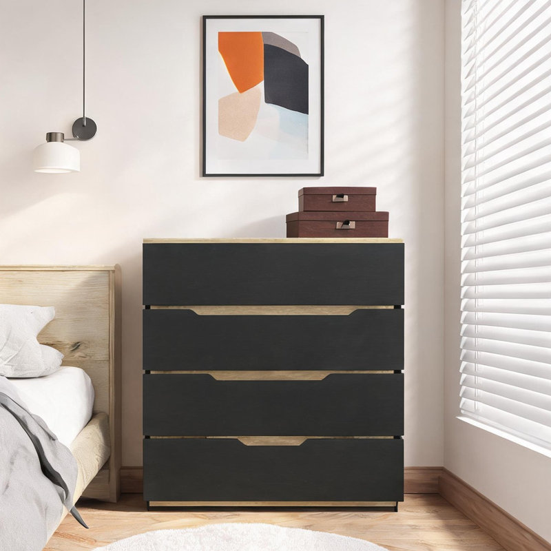 Commode à quatre tiroirs avec plateau de table spacieux, panneau de particules noir et chêne clair, H 35 x l 31,5