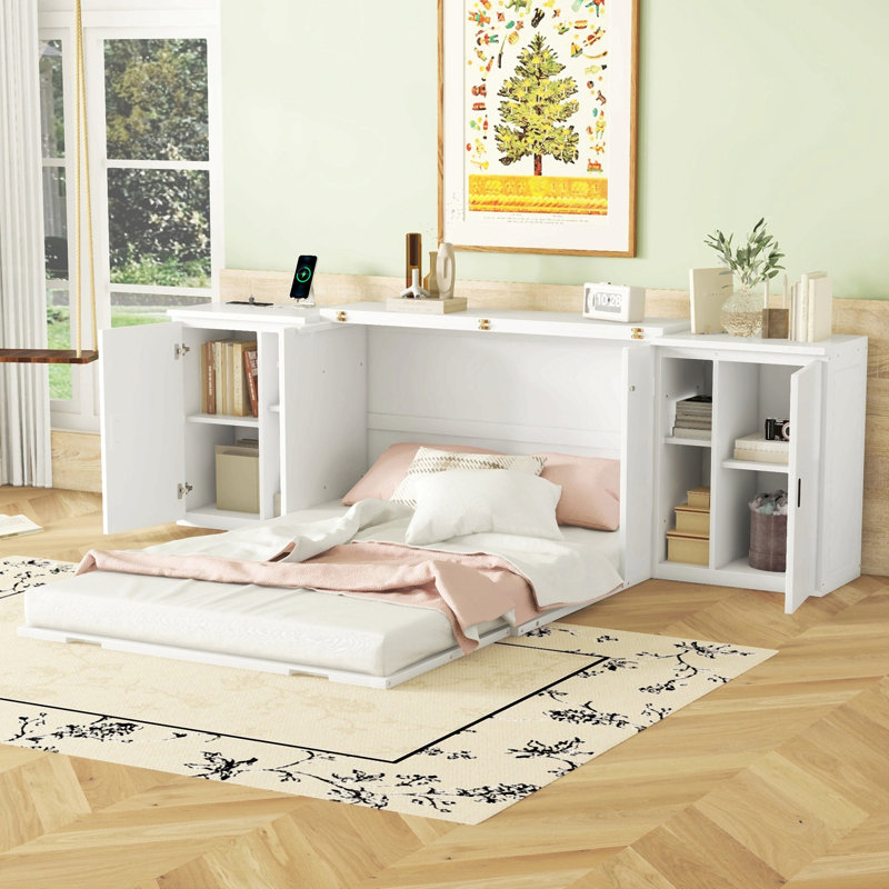 Lit escamotable avec tablettes, armoires et ports USB, Lit double, Blanc