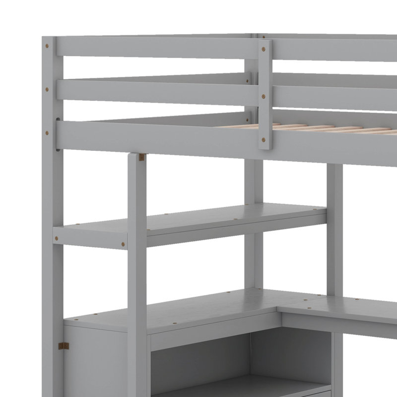 Lit mezzanine avec bureau et tablettes, deux tiroirs intégrés, escalier de rangement, Lit simple, Gris