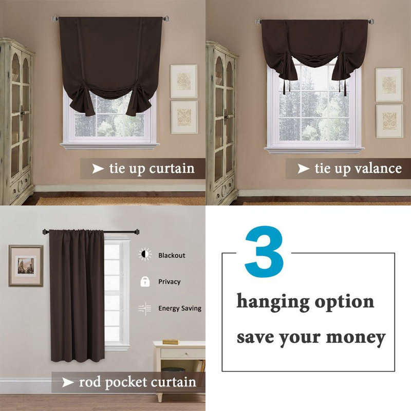 Curtain Thermal Insulated Tie Up Window Shade Light Blocking Curtains for Bathroom, Rod Pocket Single Panel, Chocolate Brown