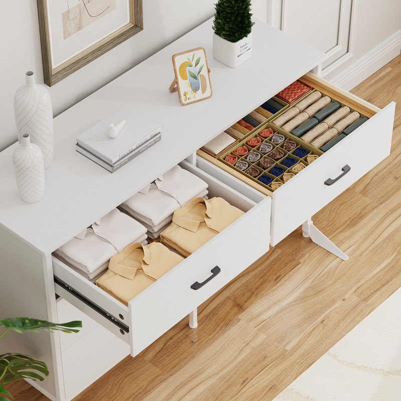 6 Drawers Dresser for Bedroom, 47.3" Chest of Drawers with Steel & Anti Fall Device, White, White