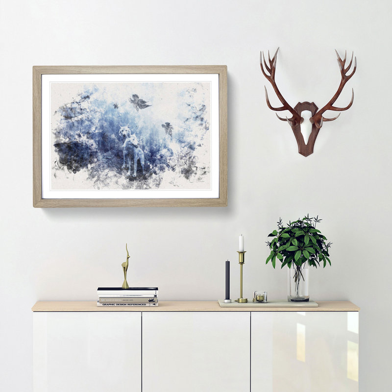 White Wolves in the Forest - Picture Frame Painting Print, 62cm H x 87cm W x 2cm D, Oak Framed