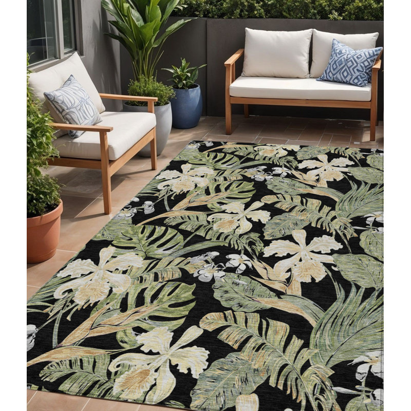 Tapis intérieur lavable 5 pi x 8 pi noir à feuilles botaniques et vert fougère