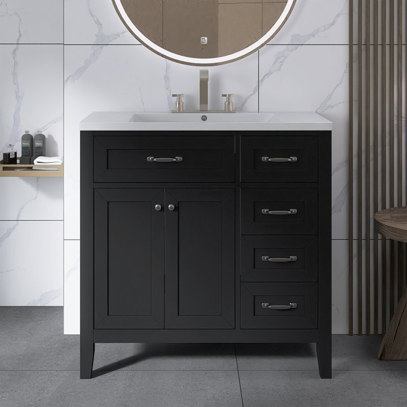 Meuble-lavabo sur pied 36 po avec lavabo, Noir, Argent argent