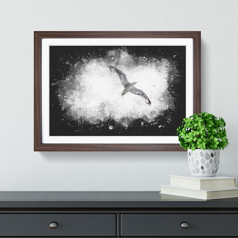 Flying Seagull - Picture Frame Graphic Art Print, 45cm H x 63cm W x 2cm D, Walnut Framed