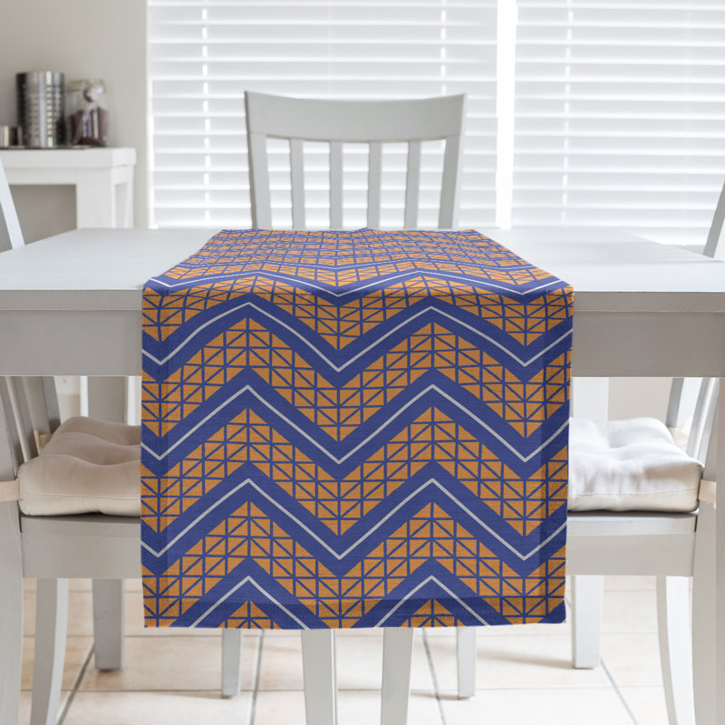 Stephenie Classic Hand Drawn Chevron Table Runner, 16" x 90", Blue/Orange