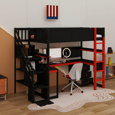 Twin Size Wooden Gaming Loft Bed With Storage Stairs, Desk, Shelves & Pegboard