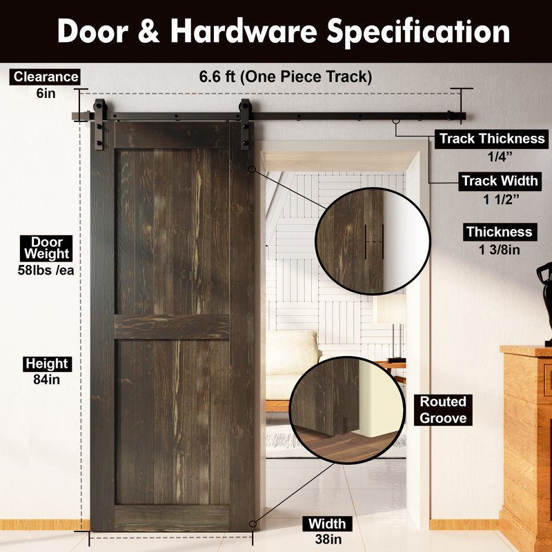 Porte en bois de pin massif non assemblé avec design H rustique noir H Design, Ébène, 38 po x 84 po