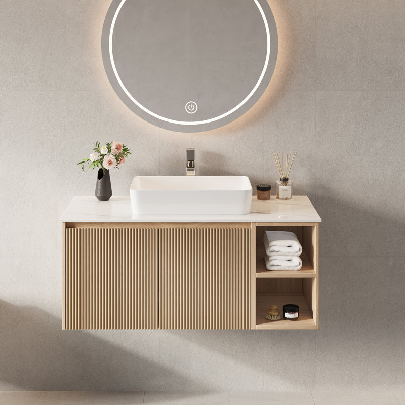 Meuble-lavabo flottant simple 36 po avec lavabo, lavabo mural avec vasque en pierre frittée blanche, lavabo en céramique, tablettes ouvertes et armoire