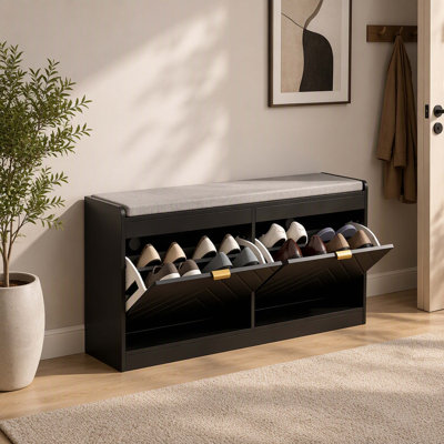 Banc de rangement rembourré à profil mince pour entrées, banc porte-chaussures équipé de 2 tiroirs de rangement à ouverture rabattable et de 2 panneaux d'aération, pouvant contenir jusqu'à 8 paires de chaussures
