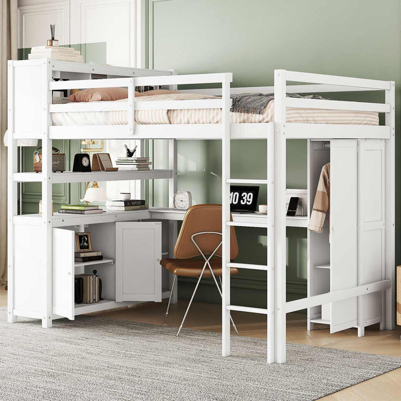 Loft double en bois avec garde-robe et bureau pour enfants, Blanc