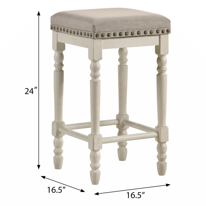 Weathered Oak Backless Counter Height Stool with Beige Upholstered Seat