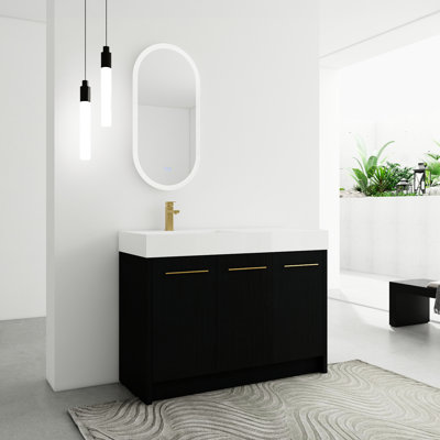 Meuble-lavabo moderne avec lavabo en résine et porte à fermeture amortie homologuée - Châtaignier noir 48 pouces (122 cm) - Étiquette d'homologation