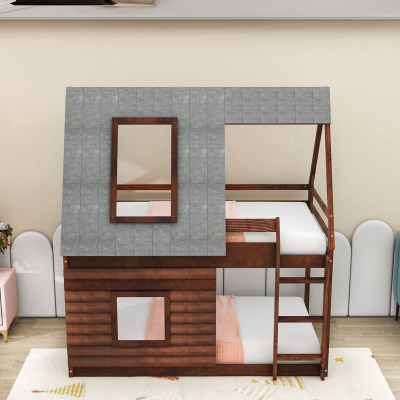 Lit superposé simple en forme de maison en bois avec échelle intégrée et garde-corps de sécurité