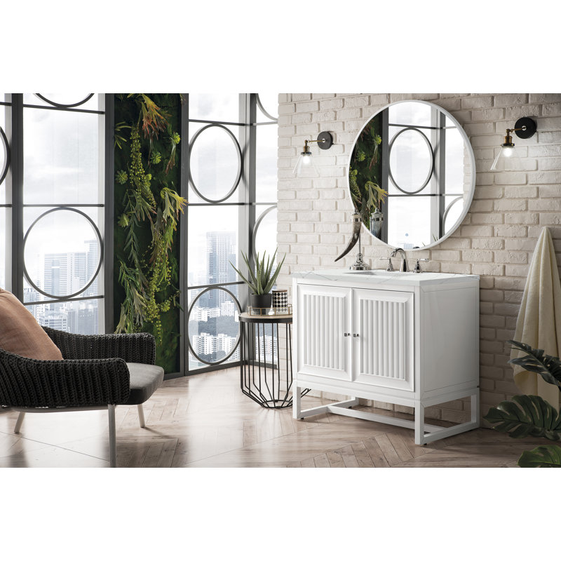 Athens 36'' W Single Vanity, Glossy White, Ethereal Noctis, 8" Widespread