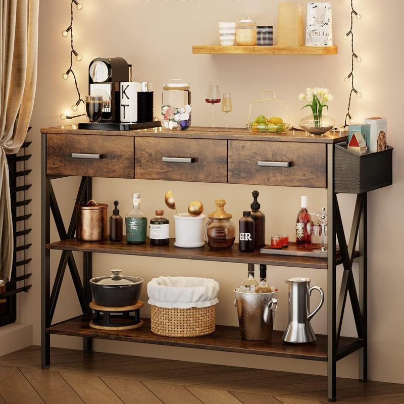 47" Modern Console Table with MDF Board, Metal Legs, 3 Drawers & 3-Tier Storage Shelves, Rustic Brown