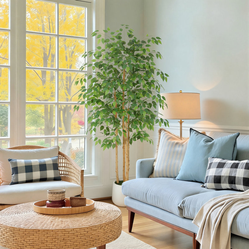 Ficus artificiel en figuier blanc en pot décoratif, plante artificielle réaliste avec bois naturel multi-troncs pour la décoration de bureau personnel
