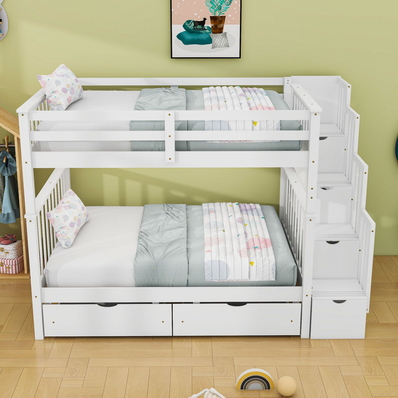 6 Drawers Full Over Full Bunk Bed With Storage Staircase, White