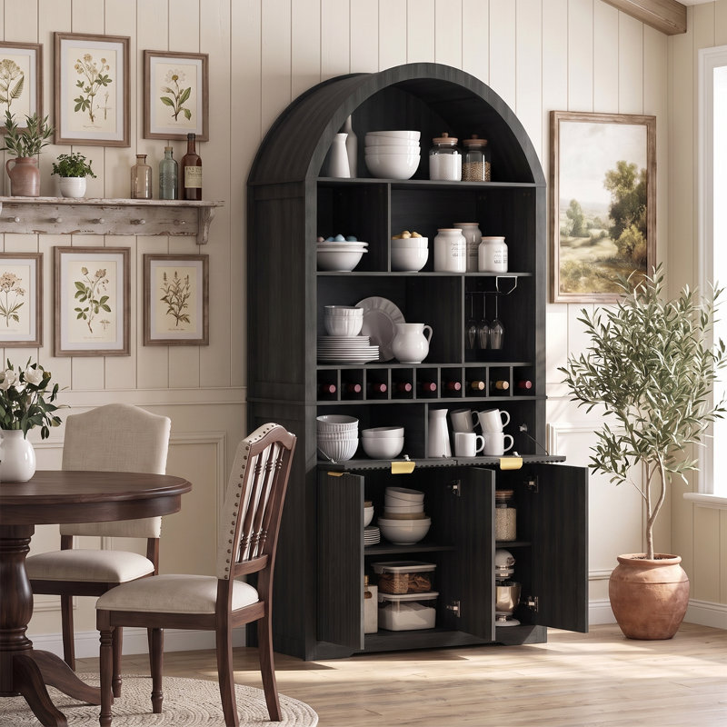75" H Arched Kitchen Pantry Cabinet, Black