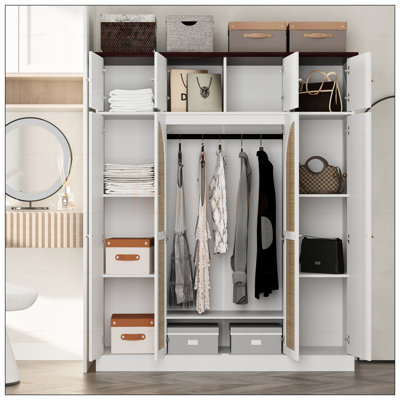 8-Door Large Capacity Armoire Wardrobe Closet With Adjustable Shelves, Hanging Rod, And Rattan Decorative Doors For Versatile Storage