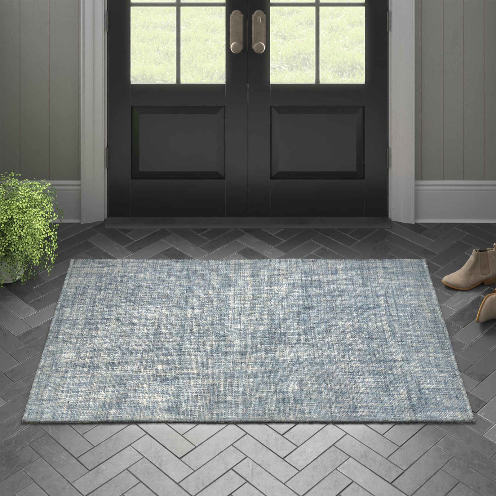 Aldred Blue Hand-Woven Abstract Wool Rug, Rectangle 3'6" x 5'6"