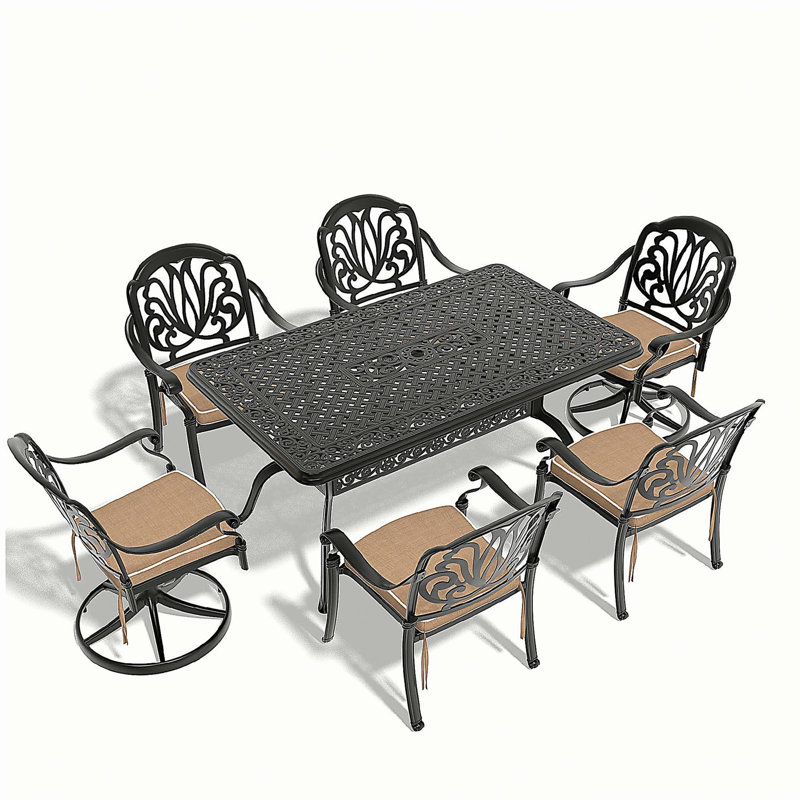 7-Piece All-Weather Cast Aluminum Dining Set, Include 2 Swivel Chairs,4 Dining Chairs and Rectangular Table With Black Frame