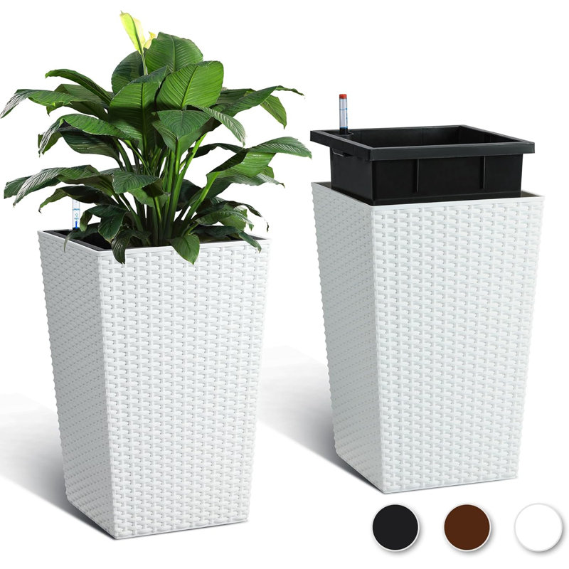 Planter Set of 2 with Trays, Water Level Monitor & Wheels – Large Indoor/Outdoor Flower Pots for Patio, Porch, Living Room, or Home Office