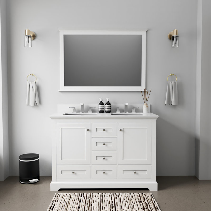 Dukes 48 in. W x 22 in. D Double Bath Vanity, Faucet Set, & 46 in. Mirror, White, White Cultured Marble