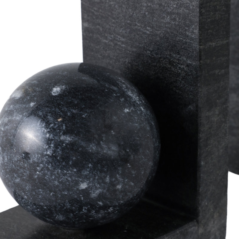 Set Of 2 6" Marble Bookend With 3" Orb, Black