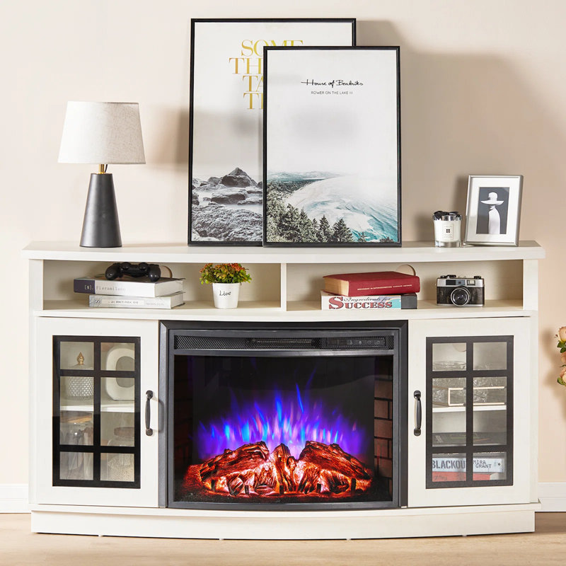 Armoney TV Stand for TVs up to 65" with Fireplace Included, Distressed White, Distressed White