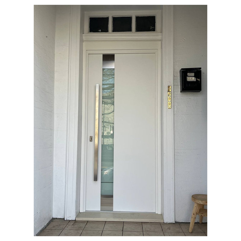 Porte avant en acier pré-suspendue à l'avant / deux portes en émail blanc 1713 / fenêtre extérieure à dessus noir / inserts en acier inoxydable simples peints modernes - l 36 po x H 80 po + 16 po - Gauche