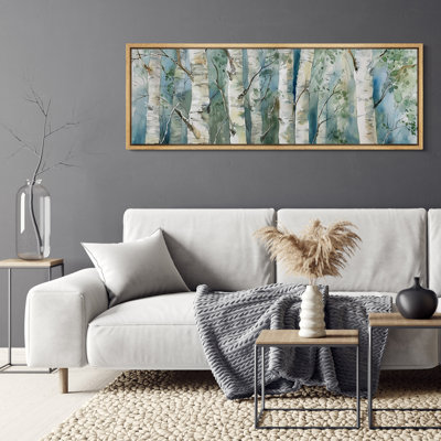 Watercolor Birch Forest with Green and Blue Woodland Layers – Large Framed Canvas Master Bedroom Wall Art Print